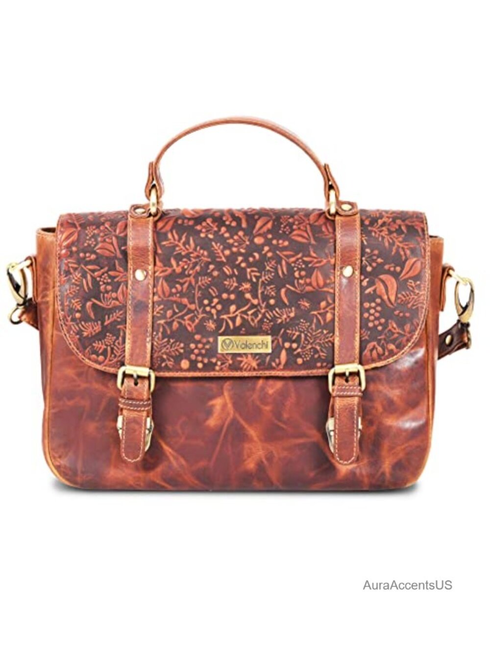 Genuine Leather Tote Bag Purse Flower Embossed Adjustable Strap Crossbody